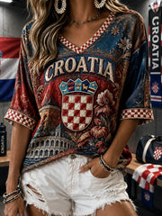 Women's Mid-length Sleeves V-Neck T-Shirt