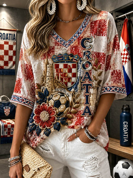 Women's Mid-length Sleeves V-Neck T-Shirt