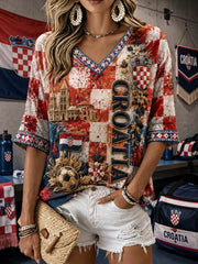 Women's Mid-length Sleeves V-Neck T-Shirt