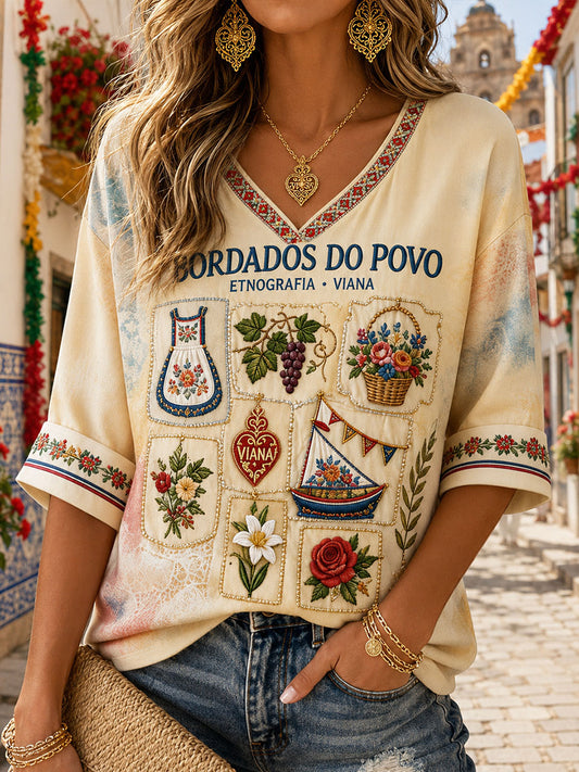 Damen „Festas d'Agonia Portugal“ T-Shirt aus Leinen mit Kunstdruck