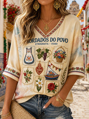 Women's Festas d'Agonia Portugal Art Printed Linen T-shirt