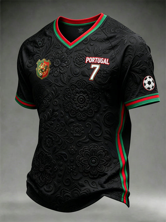 Herren Fußball Element Color-Blocking Design Lässiges V-Ausschnitt T-Shirt