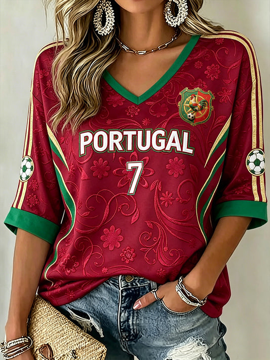Damen-Fußball-Element Color-Blocking Design Lässiges T-Shirt mit halblangen Ärmeln und V-Ausschnitt