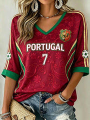 Women's Soccer Element Color-blocking Design Casual  Mid-length Sleeves V-Neck T-Shirt