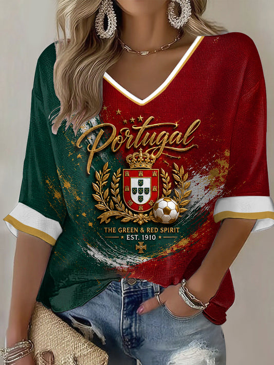 Damen T-Shirt mit portugiesischem Fußball-Print, leger