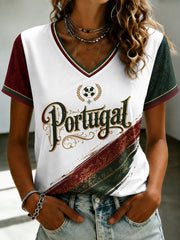 Women's Portuguese Football Printed V-neck T-shirt