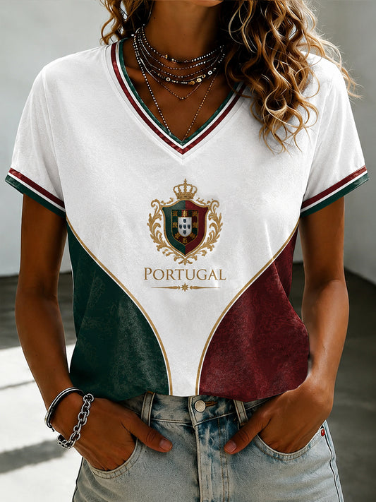 Bedrucktes V-Neck T-Shirt für Damen – Portugiesische Fußballnationalmannschaft