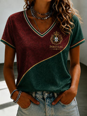 Women's Portuguese Football Printed V-neck T-shirt