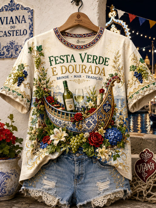 Damen Festas d'Agonia Portugal T-Shirt aus Leinen mit Kunstdruck