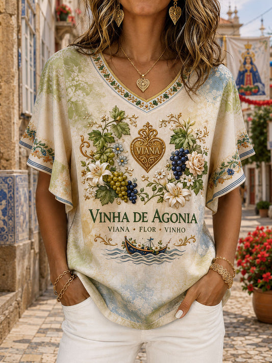 Damen Festas d'Agonia Portugal Kunst bedrucktes Leinen T-Shirt