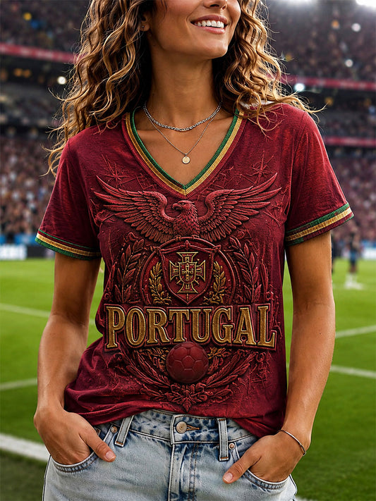 Women's Portugal Football Printed V-neck T-shirt