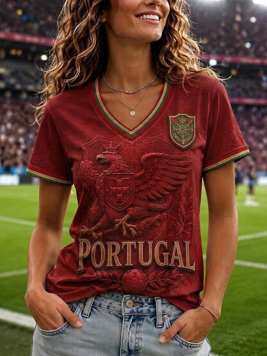 Portugal Fußball T-Shirt mit V-Ausschnitt für Damen mit Aufdruck
