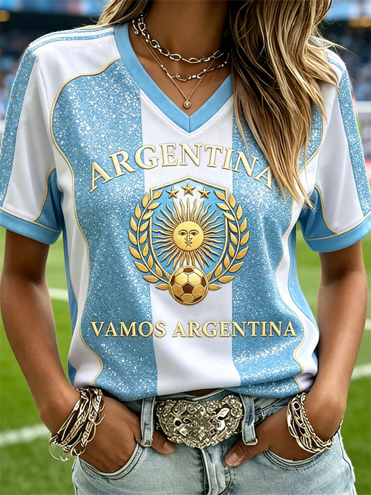 Women's Vamos Argentina Football Glitter Flag Colorblock Jersey Print short-sleeved T-shirt