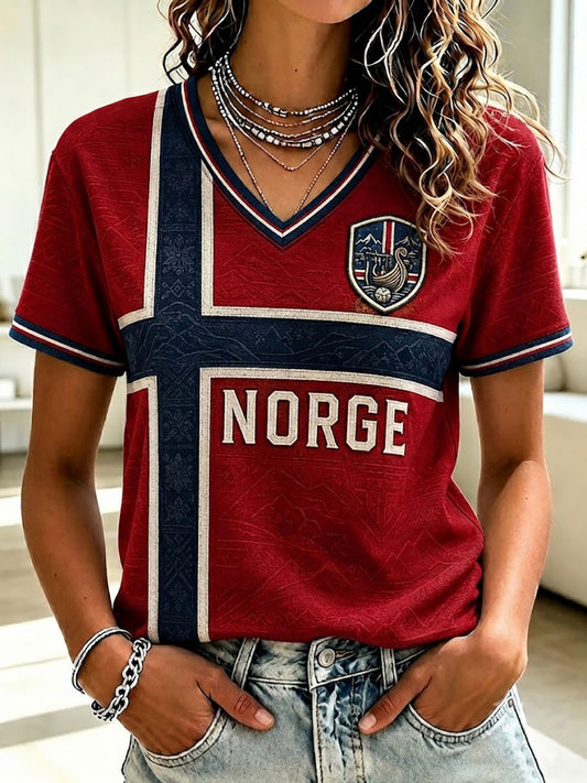 Damen V-Ausschnitt T-Shirt mit Norge Fußball-Aufdruck