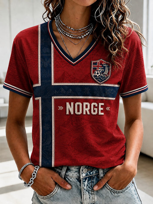 Damen V-Shirt mit Norwegen-Fußball-Aufdruck