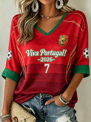 Women's Soccer Element Color-blocking Design Casual  Mid-length Sleeves V-Neck T-Shirt