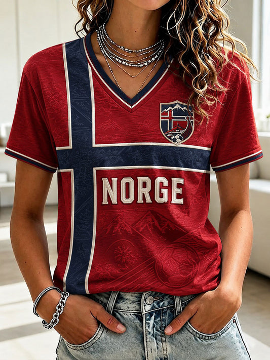 Damen Norge Fußball V-Neck T-Shirt mit Print
