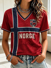 Women's Norge Football Printed V-neck T-shirt
