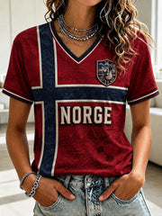 Women's Norge Football Printed V-neck T-shirt