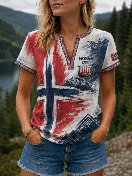 Women's Heia Norge Football Fan Graphic Cotton-Linen Shirt