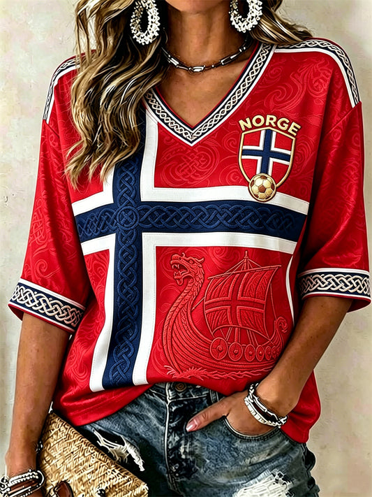 Women's Norway Football Viking Ship Celtic Flag Colorblock Print Mid-length Sleeves V-Neck T-Shirt