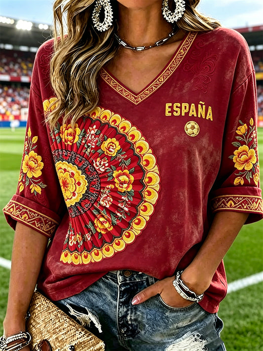 Women's Spain Football Traditional Fan Floral Print Mid-length Sleeves V-Neck T-Shirt