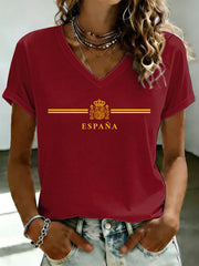 Women's Spanish Football Printed V-neck T-shirt