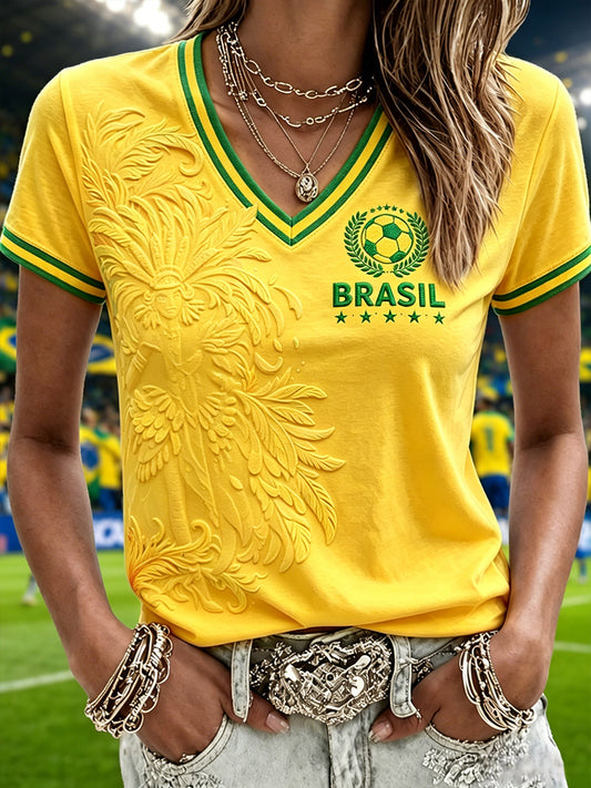 Women's Brazilian Football Fan V Neck Short-sleeved T-shirt