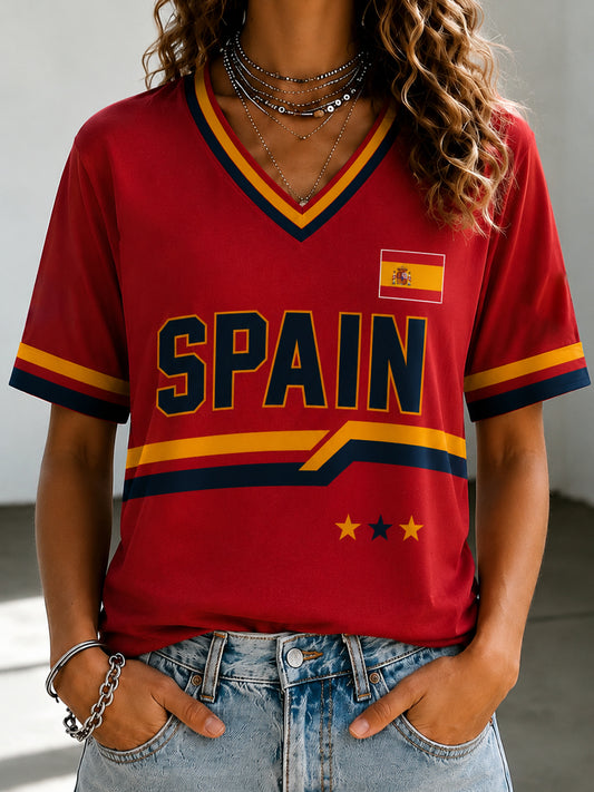 Women's Spanish Football Printed V-neck T-shirt
