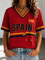 Women's Spanish Football Printed V-neck T-shirt