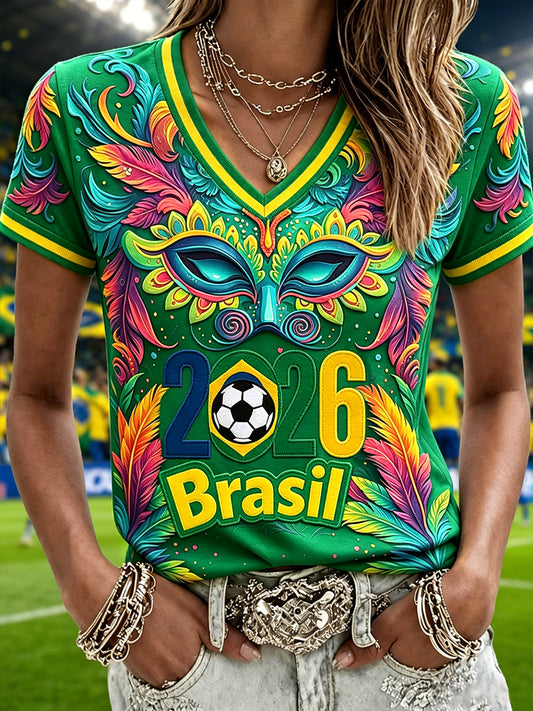 Women's Brazil Mask Inspired Football Fan Short-sleeved T-shirt