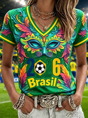 Women's Brazil Mask Inspired Football Fan Short-sleeved T-shirt