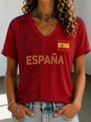 Women's Spanish Football Printed V-neck T-shirt