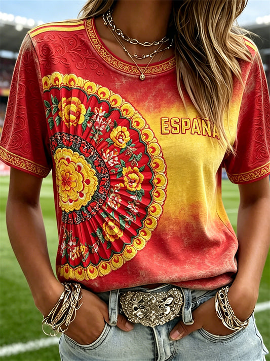 Women's Spain Floral Fan Art Flag Gradient Print short-sleeved T-shirt