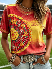 Women's Spain Floral Fan Art Flag Gradient Print short-sleeved T-shirt