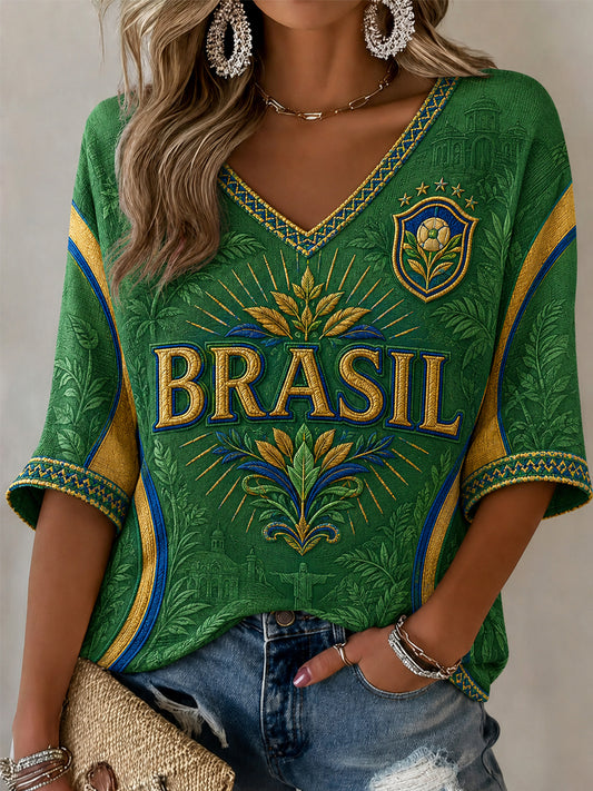 Women's Gift For Football Fans Print Casual Half-Sleeve V-Neck T-Shirt