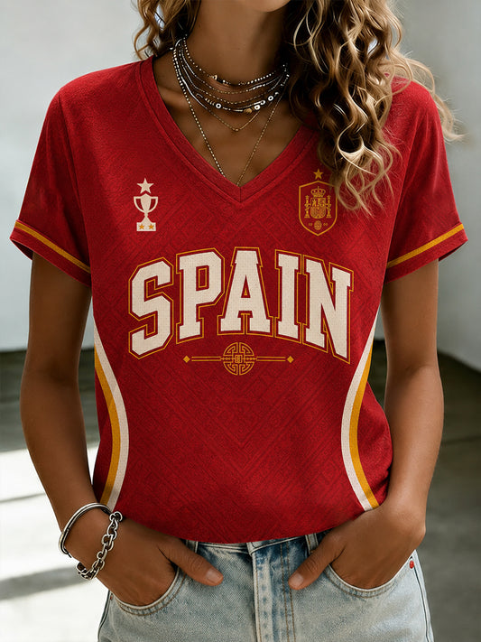 Women's Spanish Football Printed V-neck T-shirt