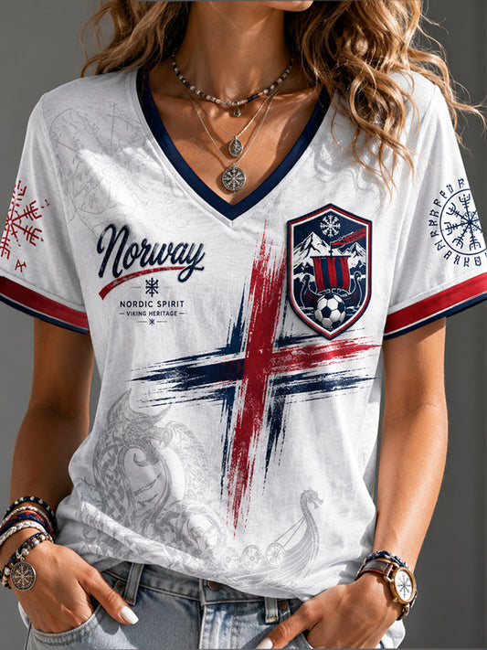 Women's Norge Football Printed V-neck T-shirt
