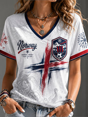 Women's Norge Football Printed V-neck T-shirt
