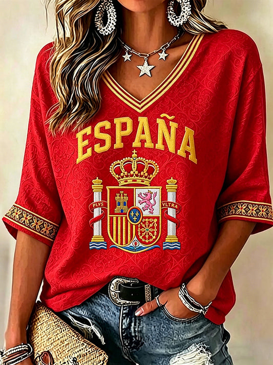 Women's Spain Football Fan Mid-length Sleeves V-Neck T-Shirt