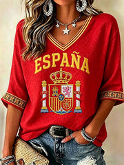 Women's Spain Football Fan Mid-length Sleeves V-Neck T-Shirt