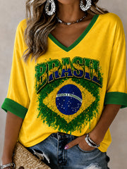 Women's Gift For Football Fans Print  Mid-length Sleeves V-Neck T-Shirt