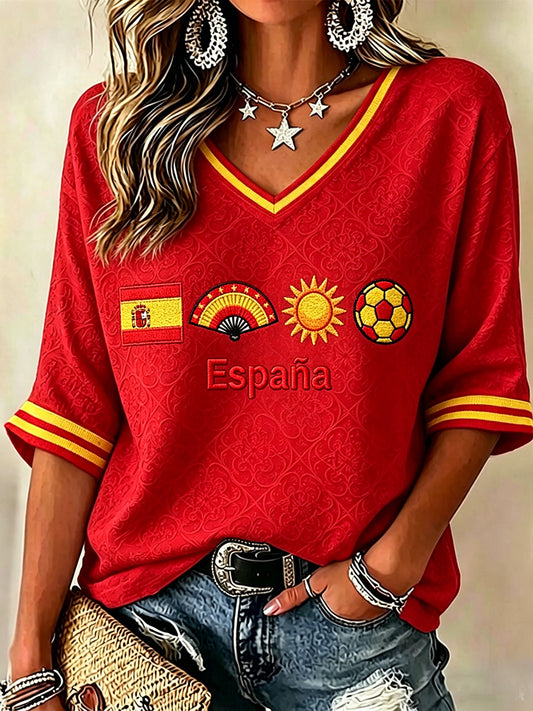 Women's Spain Football Inspired Print Mid-length Sleeves V-Neck T-Shirt