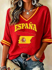 Women's Spain Football Fan Mid-length Sleeves V-Neck T-Shirt