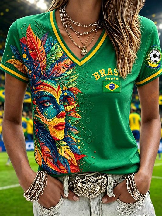Women's Brazilian Football Inspired Print Short-sleeved T-shirt