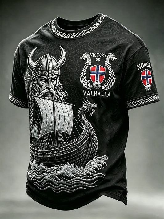 Men's Victory or Valhalla Norway Football Viking Warrior & Ship Print short sleeves t-shirt