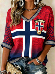 Women's Norway Football Flag Inspired Viking Celtic Knot Gradient Mid-length Sleeves V-Neck T-Shirt
