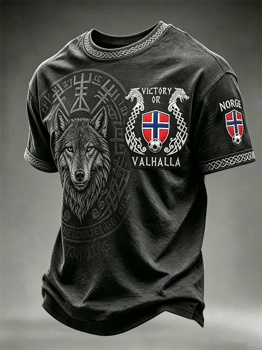 Men's Victory or Valhalla Norway Football Viking Wolf & Vegvisir Print short sleeves t-shirt