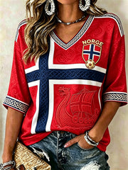 Women's Norway Football Viking Ship Celtic Flag Colorblock Print Mid-length Sleeves V-Neck T-Shirt