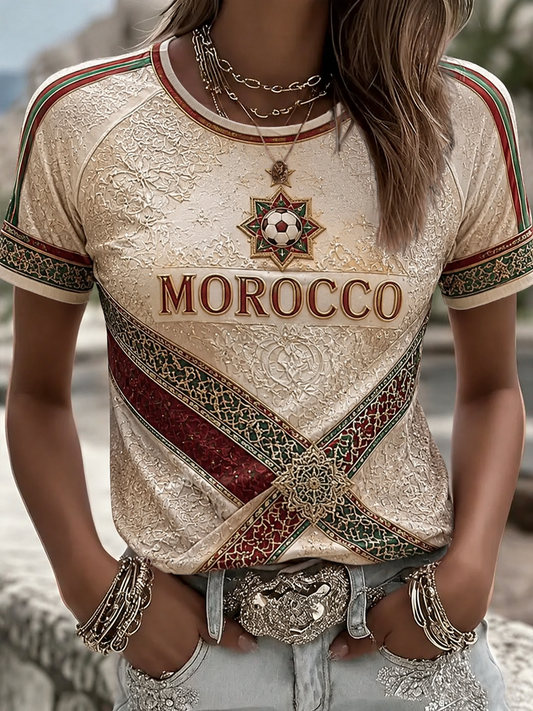 Women's Morocco Football Printed round neck short sleeve T-shirt